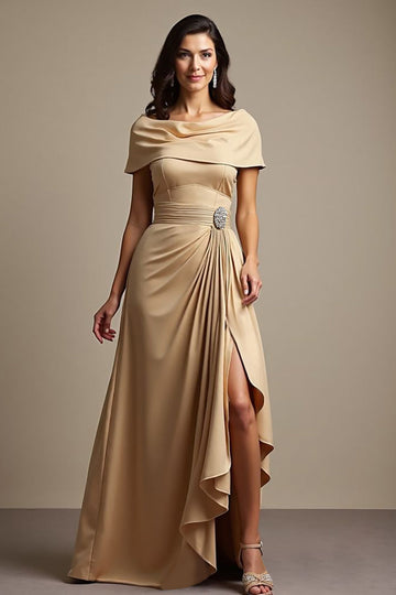 Champagne Off The Shoulder Ruched A Line Ruffled Long Mother Of The Bride Dress